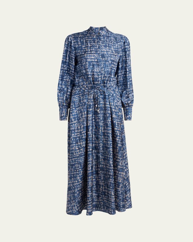 Printed Drawstring Silk Maxi Dress